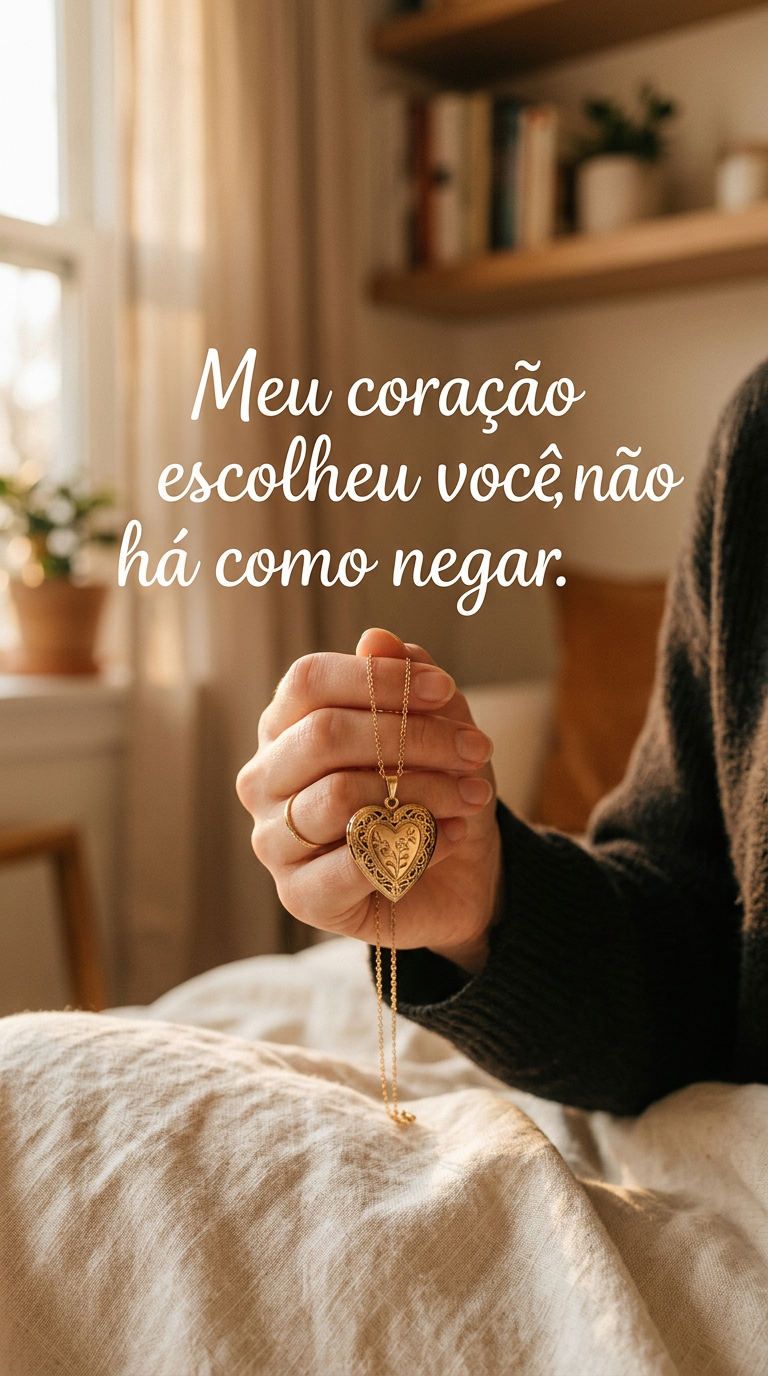 Coração Escolheu Você Medalhão de coração com frase de amor, ideal para status e confissão de sentimentos.