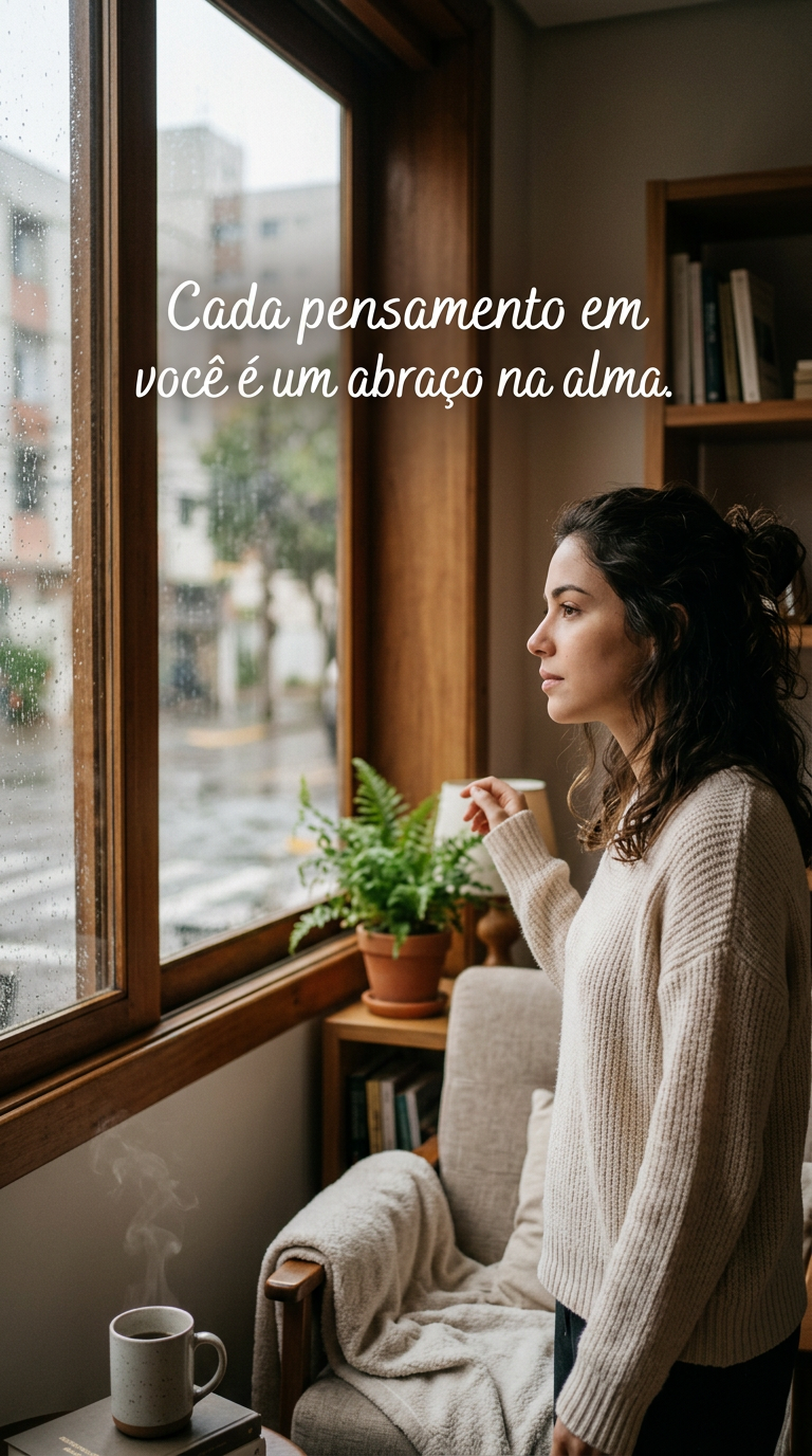 Pessoa pensativa na janela, com frase de amor para status e reflexão.