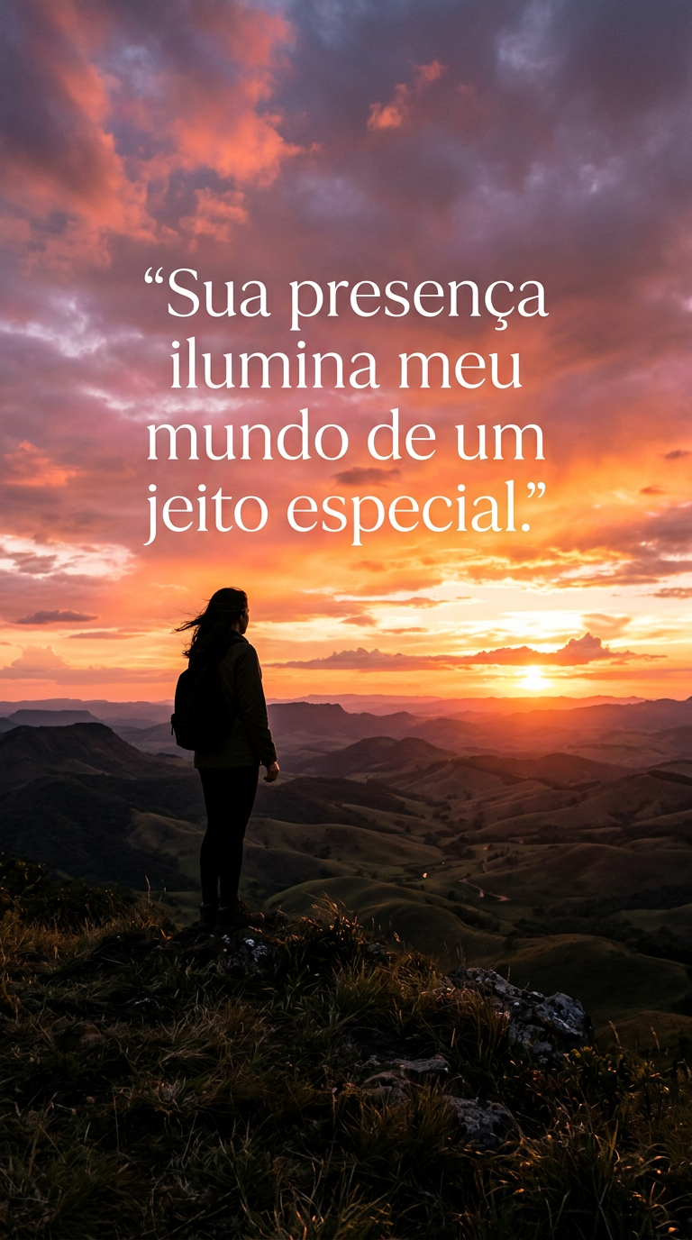 Silhueta no pôr do sol, com frase de amor para status e reflexão.