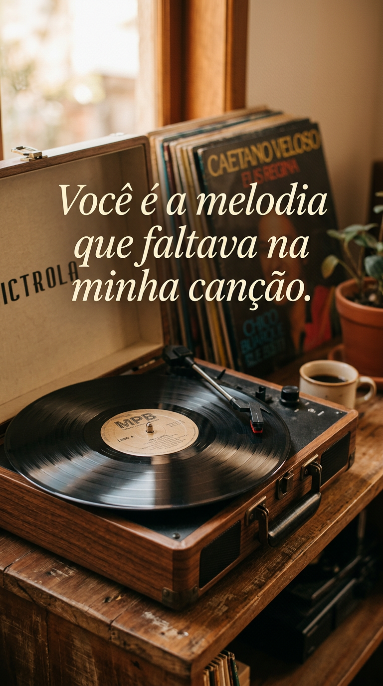 Toca-discos vintage, com frase de amor e melodia para status e reflexão.