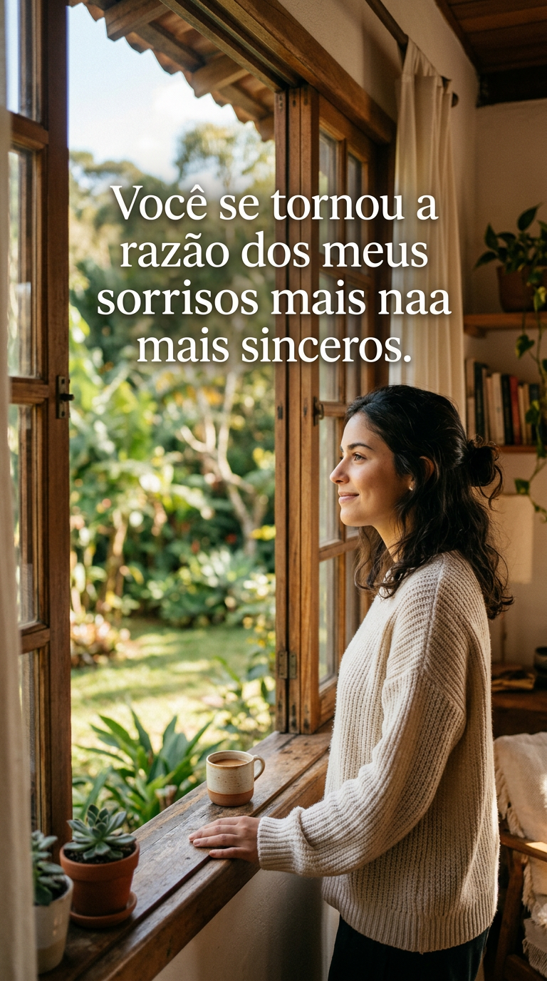 Pessoa sorrindo com frase de amor, ideal para status, flerte e confissão.
