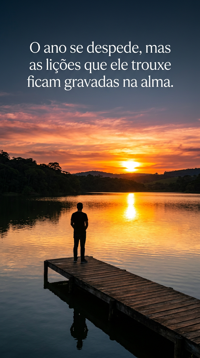 Reflexão Fim de Ano Silhueta em pôr do sol, ideal para status, simbolizando reflexão e lições do ano.