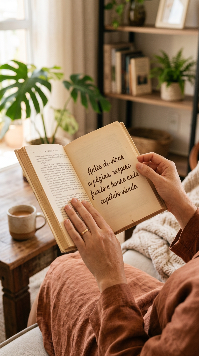 Honrando Cada Capítulo Mãos virando página de livro, ideal para refletir sobre os capítulos vividos e aprendizados.