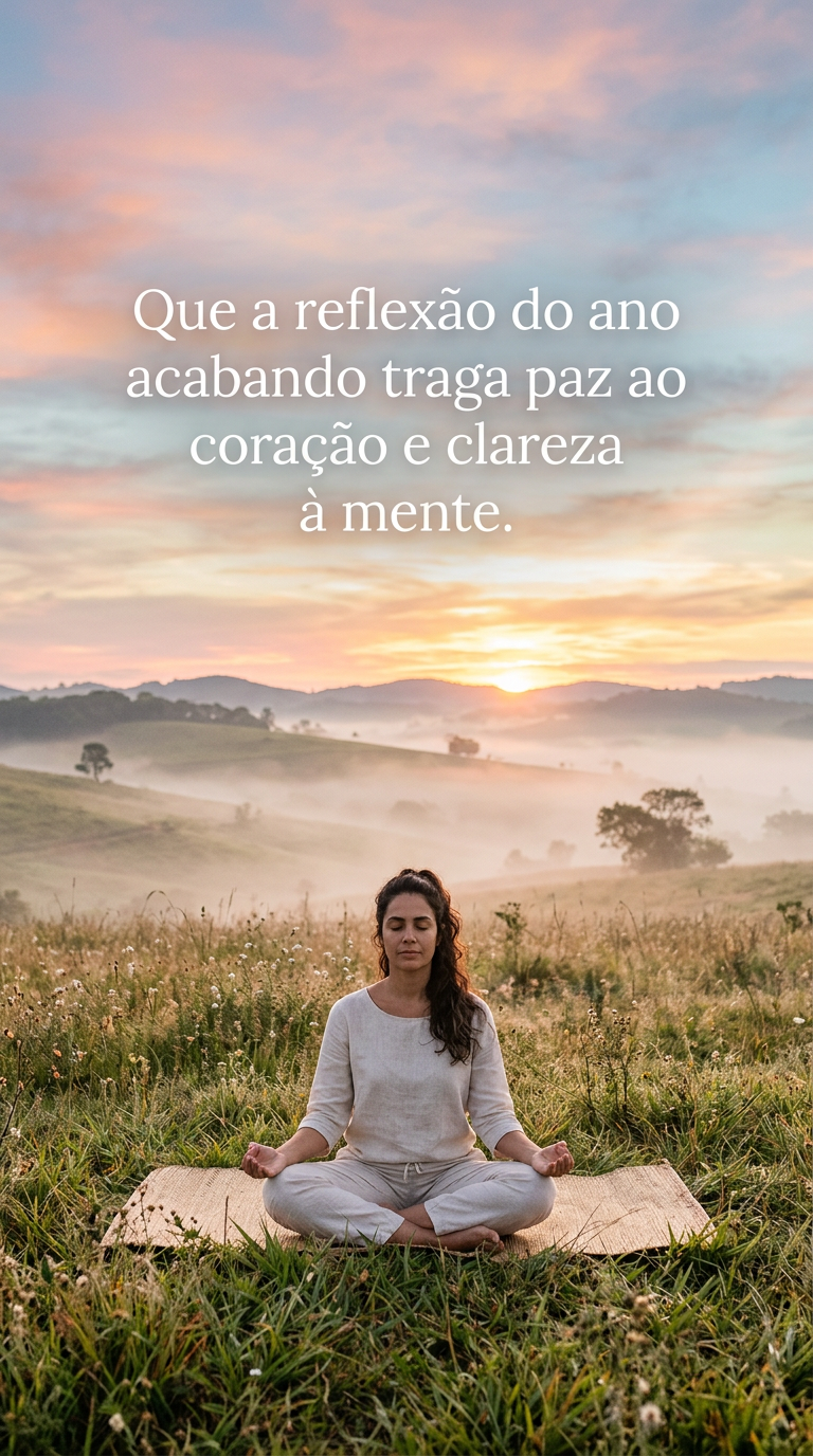 Paz e Clareza Pessoa meditando ao amanhecer, transmitindo paz e clareza para a reflexão do ano.