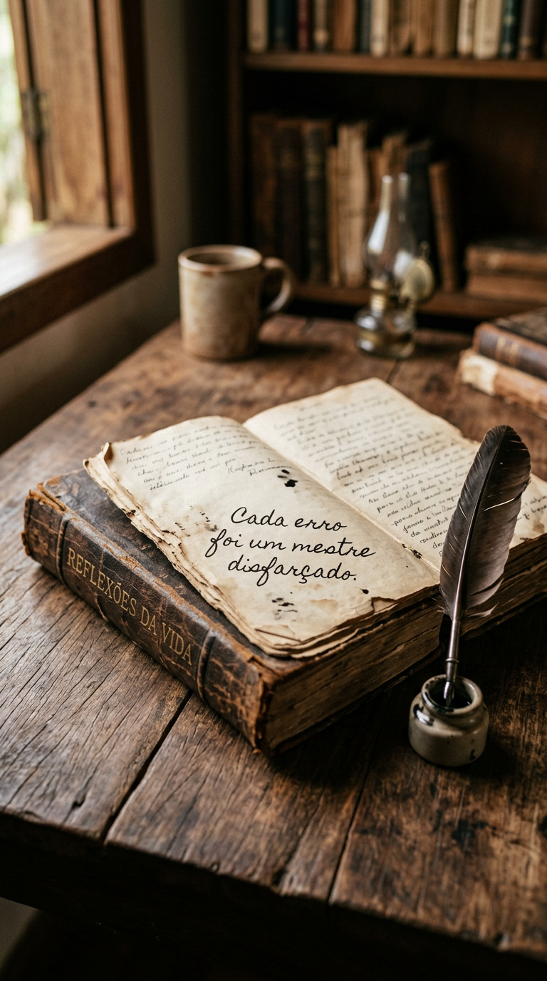 Lições Valiosas da Vida Livro antigo e pena, simbolizando que cada erro foi um mestre, ensinando lições valiosas.
