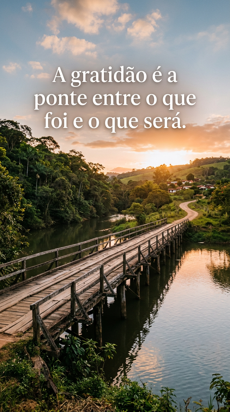 Gratidão Conecta Futuro Ponte sobre rio calmo, simbolizando a gratidão que conecta passado e futuro.