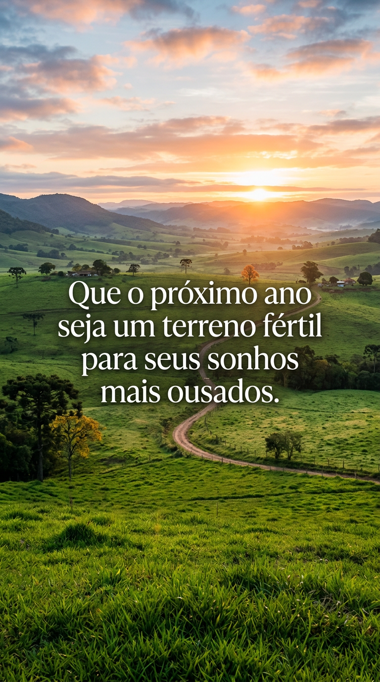 Sonhos e Novos Começos Campo verdejante com sol nascendo, desejando um ano fértil para novos sonhos.
