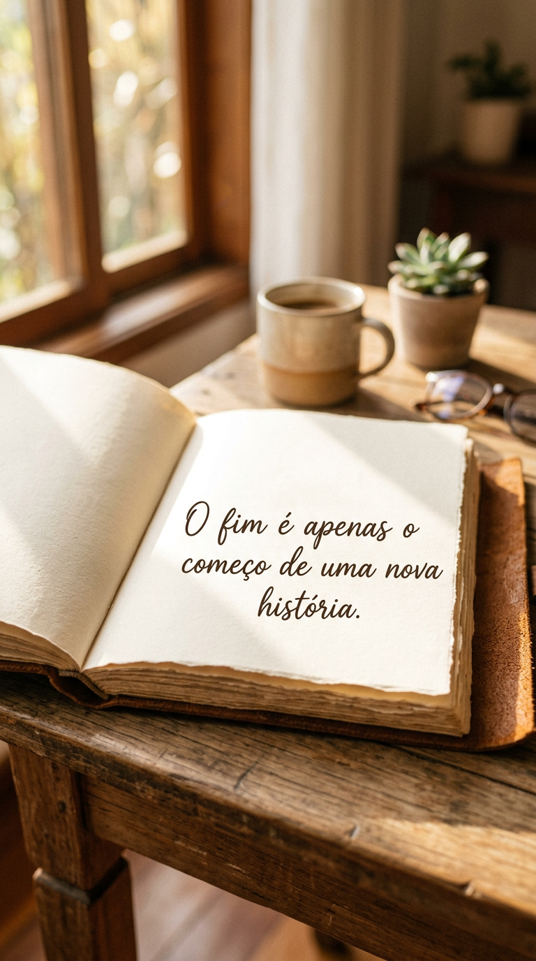 Nova História Começa Livro aberto em página em branco, representando o começo de uma nova história.