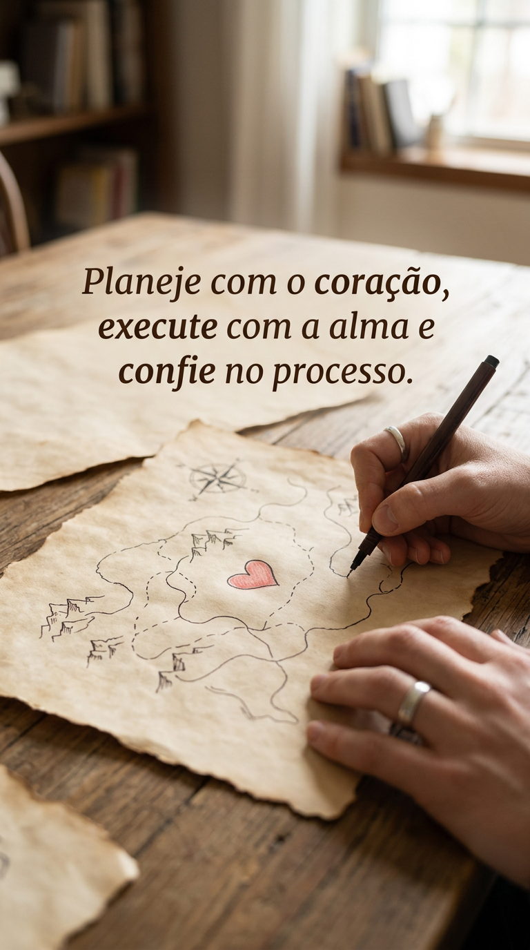 Planejar com o Coração Mãos desenhando mapa com coração, simbolizando planejar com alma e propósito.