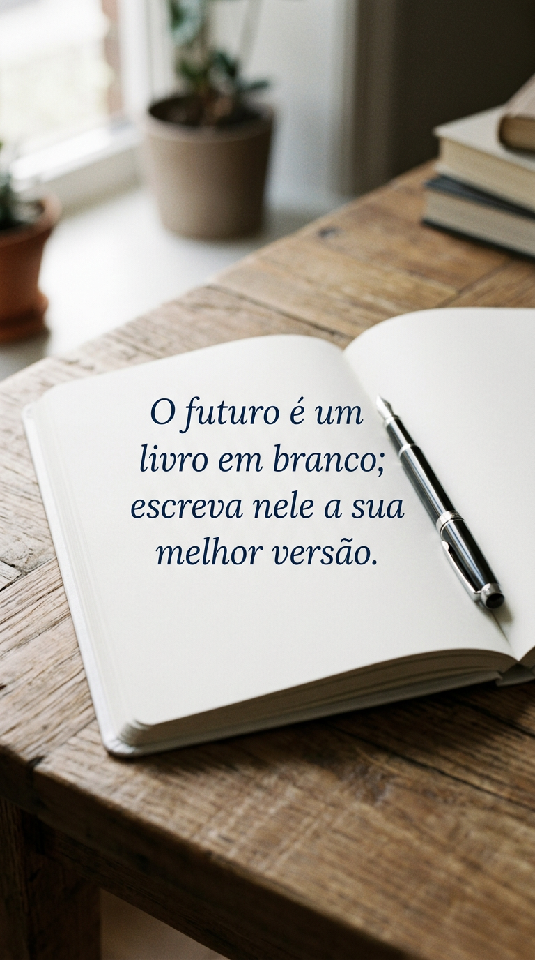 Escrever Novo Futuro Caneta em caderno em branco, representando o futuro como um livro a ser escrito.
