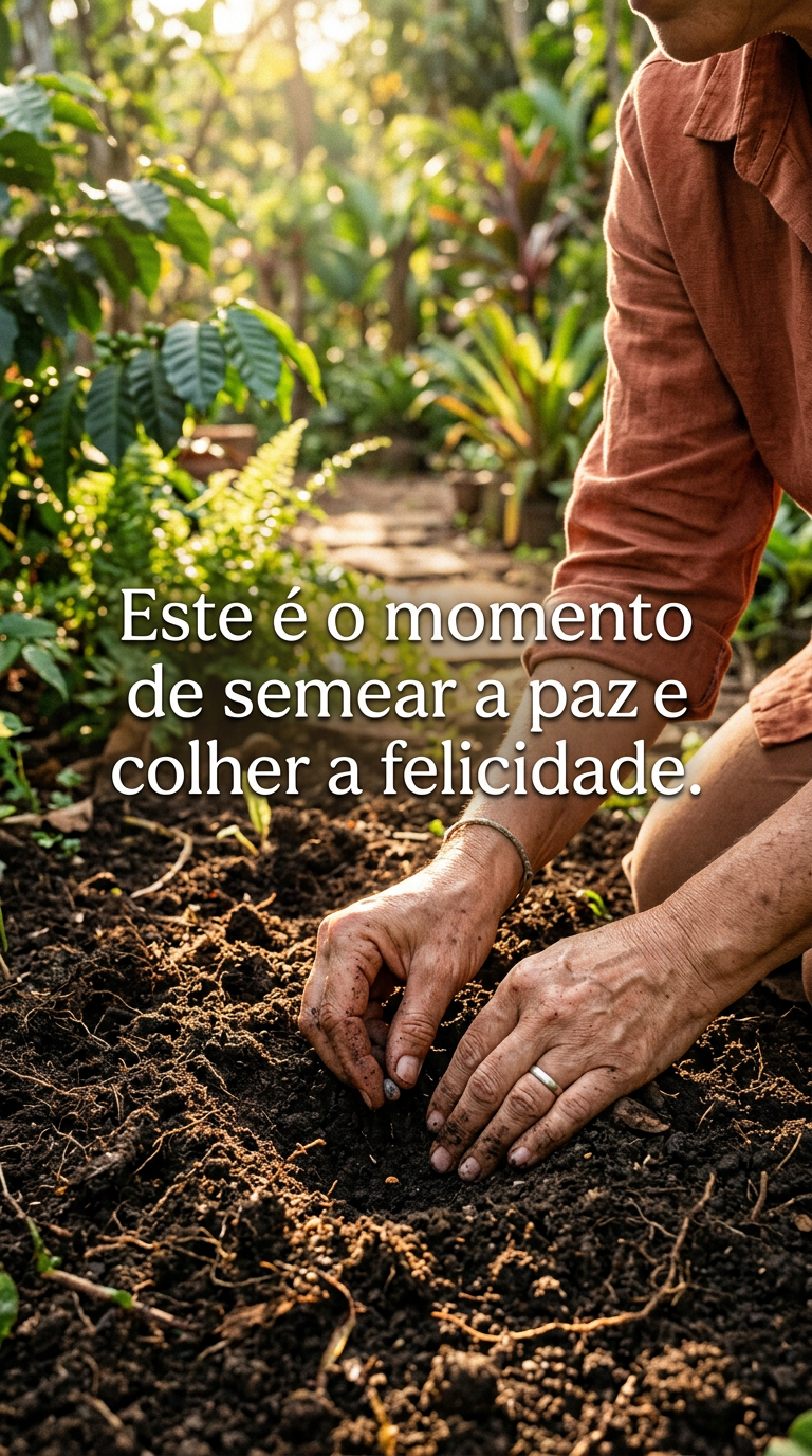 Semear Paz, Colher Felicidade Mãos plantando semente, simbolizando semear paz para colher felicidade e novos começos.