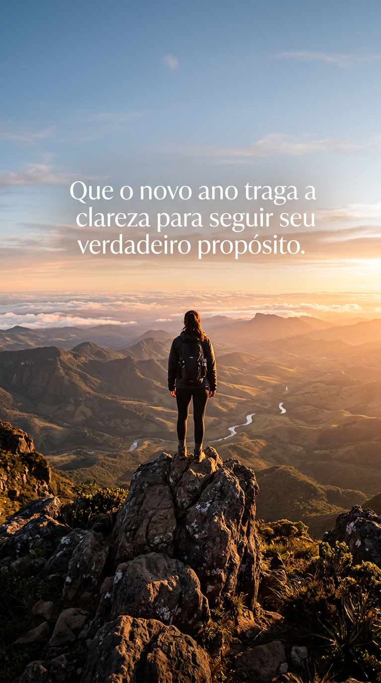 Clareza e Propósito Pessoa na montanha, desejando clareza para seguir o verdadeiro propósito no novo ano.