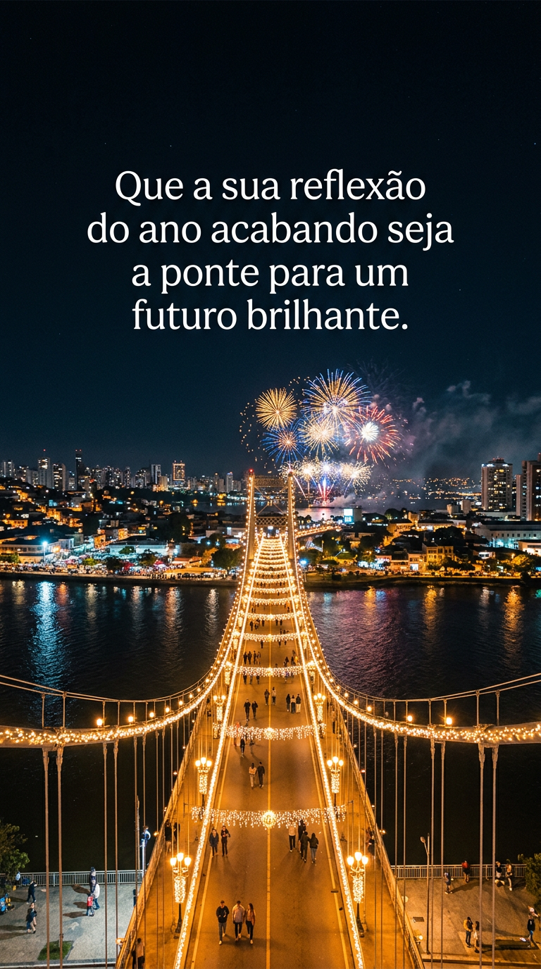 Futuro Brilhante Ponte iluminada com fogos, simbolizando a reflexão do ano como ponte para um futuro brilhante.
