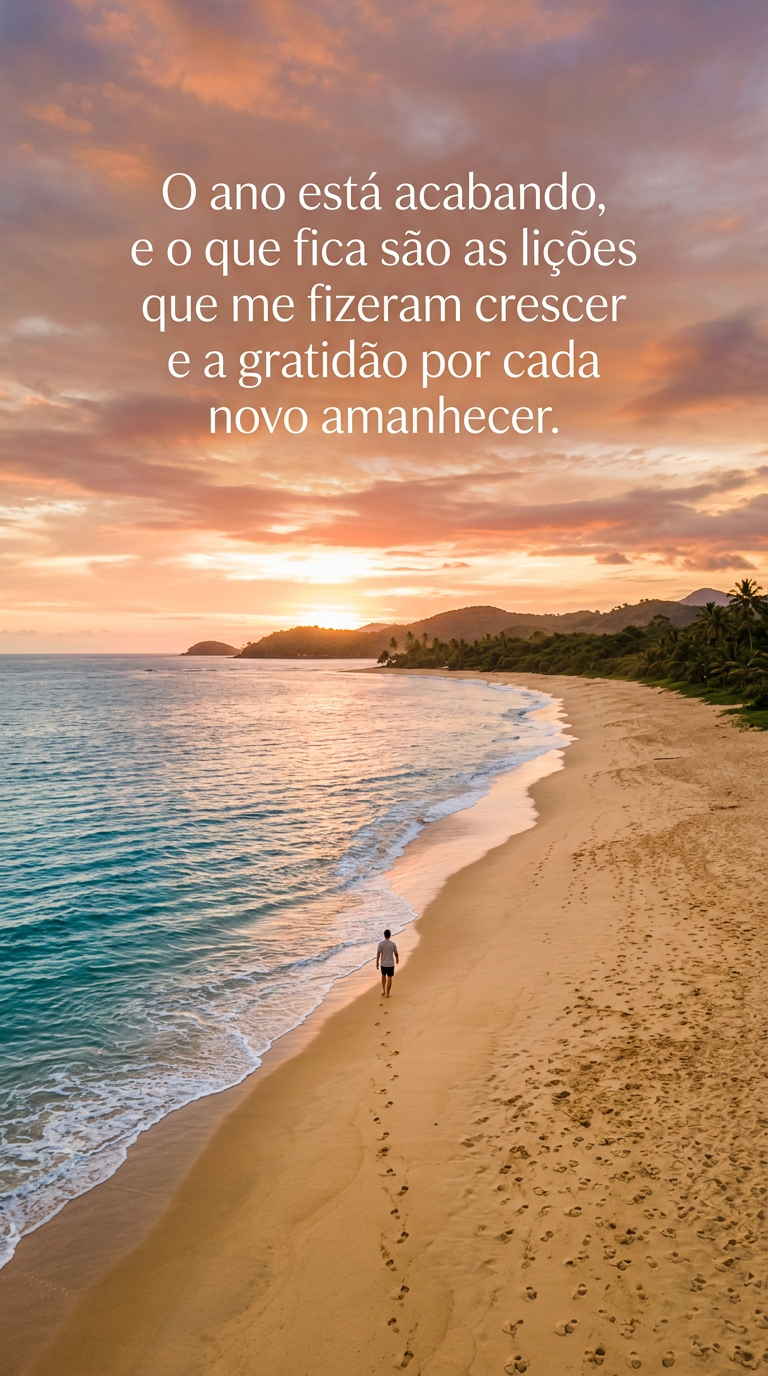 Mensagem de Ano Novo Inspiradora Pôr do sol inspirador na praia, ideal para status e mensagem de ano novo.